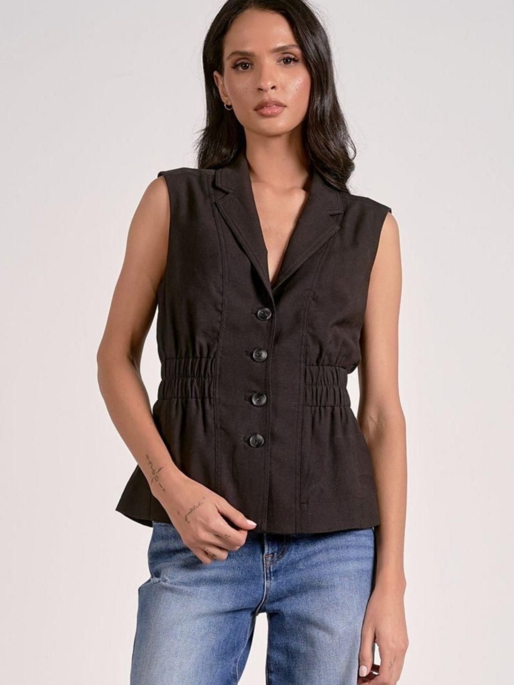 Elan Black Sleeveless Notched-Lapel Button Vest